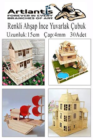 Renkli İnce Ahşap Yuvarlak Çubuk 15 cm 30 lu 1 Paket Okul Öncesi Sınıf Tasarım Etkinlik Hobi