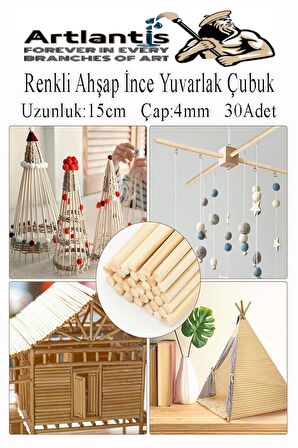 Renkli İnce Ahşap Yuvarlak Çubuk 15 cm 30 lu 1 Paket Okul Öncesi Sınıf Tasarım Etkinlik Hobi