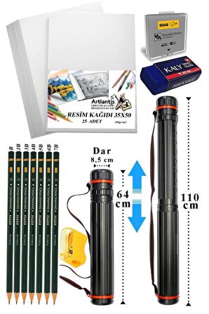 Proje Tüpü Dar 1 Adet 35x50 cm Resim Kağıdı 25 Adet Dereceli Resim Kalemi Bozuka Proje Tüpü Silindir Proje Tüpü