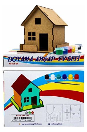 Ev Boyama Seti Ahşap Çitli 1 Paket Mdf Ev Maketi Çitli Akrilik Boya ve Resim Fırçası