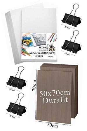 Karakalem Eskiz Çizim Seti Durolit Seti 50x70 cm Duralit 1 Adet 50x70 Resim Kağıdı 25 Adet Mandal Metal 4 Adet