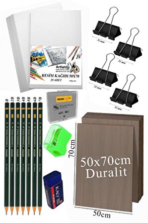 Karakalem Eskiz Çizim Seti Durolit Seti 50x70 cm 1 Paket Resim Kağıdı Dereceli Kalem Seti Hamur Silgi Sınav Silgisi