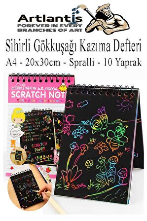 Sihirli Gökkuşağı Kazıma Defteri A4 20x30 cm 3 Paket 10 Sayfa Scratch Note Spralli Siyah Sihirli Resim Defteri