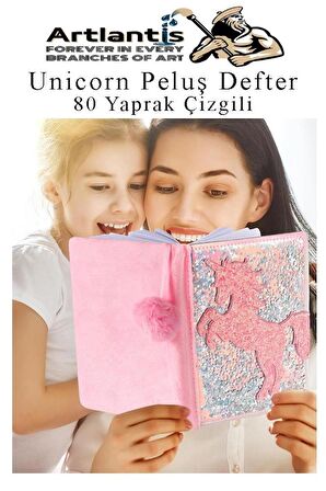 Unicorn Simli Peluş Çizgili Defter 1 Adet Hatıra ve Günlük Defteri Peluş Ponponlu Defter A5 80 Yaprak