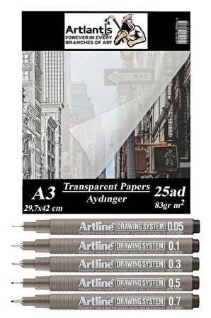 Aydınger Kağıdı A3 83 gr 25'li 1 Paket Eskiz Kağıdı Artline Teknik Çizim Kalemi Drawing System 5 Adet