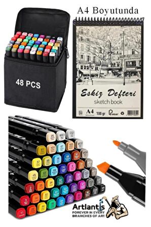 Eskiz Defteri A4 50 Yaprak 100 gr 1 Adet 48 Renk Çift Taraflı Marker Kalem 48 Adet Touch Çift Uçlu