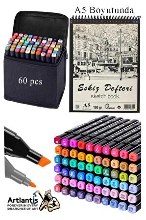 Eskiz Defteri A5 50 Yaprak 100 gr 1 Adet 60 Renk Çift Taraflı Marker Kalem 60 Adet Touch Çift Uçlu