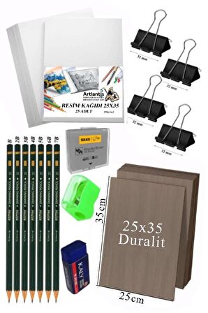 Karakalem Eskiz Çizim Seti Duralit Seti 25x35 cm 1 Paket Resim Kağıdı Dereceli Kalem Seti Hamur Silgi Sınav Silgisi