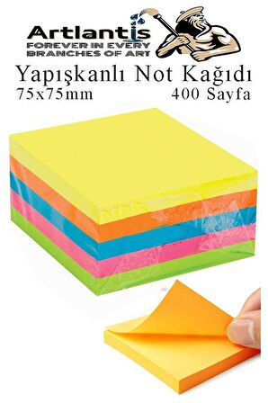 Yapışkanlı Not Kağıdı 5 Renk 400 Sayfa 1 Paket Küp Blok Yapışkanlı Postit 75x75 mm Fosforlu Renkli