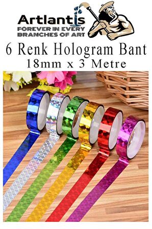 Renkli Hologram Bant 6 Renk 1 Paket 18mm x 3 Metre Yaldızlı Metalik Desenli Fosforlu Hologram Bant Hobi Tasarım