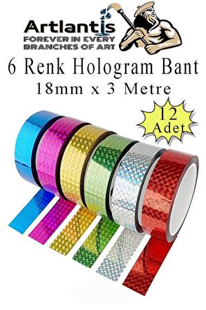 Renkli Hologram Bant 6 Renk 12 Adet 18mm x 3 Metre Yaldızlı Metalik Desenli Fosforlu Hologram Bant Hobi Tasarım