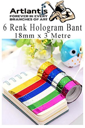 Renkli Hologram Bant 6 Renk 12 Adet 18mm x 3 Metre Yaldızlı Metalik Desenli Fosforlu Hologram Bant Hobi Tasarım