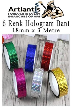 Renkli Hologram Bant 6 Renk 12 Adet 18mm x 3 Metre Yaldızlı Metalik Desenli Fosforlu Hologram Bant Hobi Tasarım