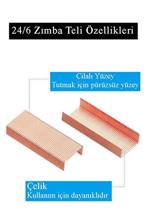 Zımba Teli 24/6 Bakır 1000 lik 1 Paket Büyük Zımba Teli Sarı 30 Yaprak Zımbalama Kapasiteli Büro Ofis Okul