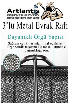 Metal Evrak Rafı 3 lü 1 Paket Masa Üstü A4 Dosya Düzenleyici Kağıt Tepsisi Fileli Üç Katlı Hareketli