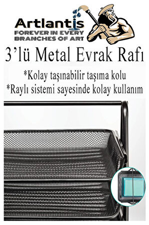 Metal Evrak Rafı 3 lü 1 Paket Masa Üstü A4 Dosya Düzenleyici Kağıt Tepsisi Fileli Üç Katlı Hareketli