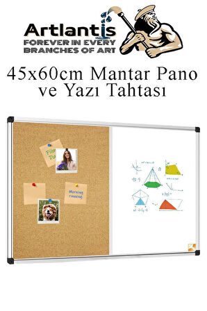 Çift Fonksiyonlu Yazı Tahtası ve Mantar Pano 45x60 cm 1 Adet Alüminyum Çerçeveli Mantar Panolu Yazı Tahtası