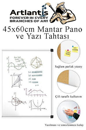 Çift Fonksiyonlu Yazı Tahtası ve Mantar Pano 45x60 cm 1 Adet Alüminyum Çerçeveli Mantar Panolu Yazı Tahtası