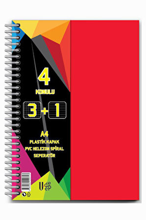 3+1 Ayraçlı Defter 4 Konulu 100 Yaprak 1 Adet 3 Kareli 1 Çizgili Spralli Plastik Kapak Seperatörlü