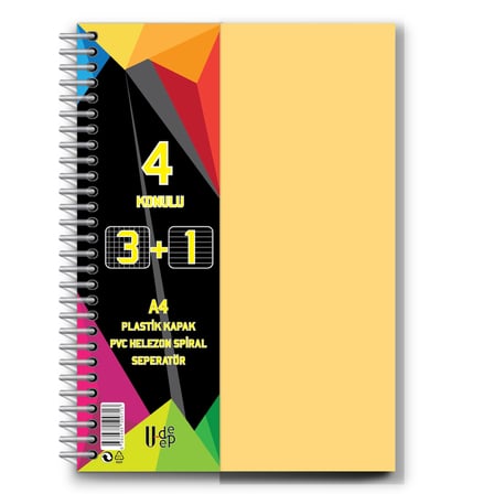 3+1 Ayraçlı Defter 4 Konulu 100 Yaprak 1 Adet 3 Kareli 1 Çizgili Spralli Plastik Kapak Seperatörlü