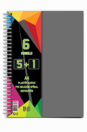 5+1 Ayraçlı Defter 6 Konulu 150 Yaprak 1 Adet 5 Kareli 1 Çizgili Spralli Plastik Kapak Seperatörlü