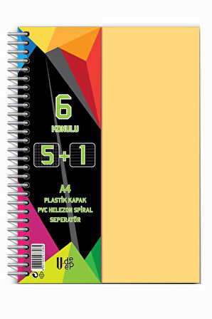 5+1 Ayraçlı Defter 6 Konulu 150 Yaprak 1 Adet 5 Kareli 1 Çizgili Spralli Plastik Kapak Seperatörlü