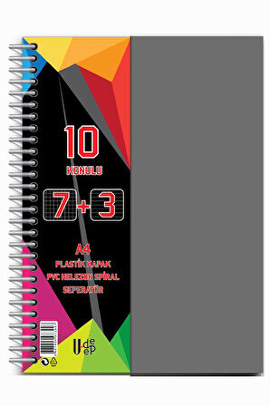 7+3 Ayraçlı Defter 10 Konulu 300 Yaprak 1 Adet 7 Kareli 3 Çizgili Spralli Plastik Kapak Seperatörlü