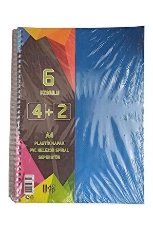 4+2 Ayraçlı Defter 6 Konulu 150 Yaprak 1 Adet 4 Kareli 2 Çizgili Spralli Plastik Kapak Seperatörlü