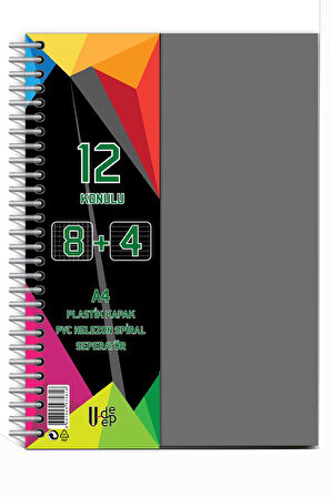 8+4 Ayraçlı Defter 12 Konulu 300 Yaprak 1 Adet 8 Kareli 4 Çizgili Spralli Plastik Kapak Seperatörlü