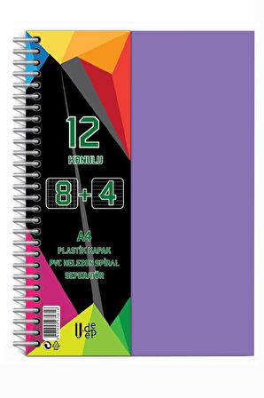 8+4 Ayraçlı Defter 12 Konulu 300 Yaprak 1 Adet 8 Kareli 4 Çizgili Spralli Plastik Kapak Seperatörlü