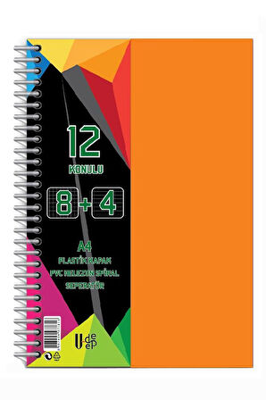 8+4 Ayraçlı Defter 12 Konulu 300 Yaprak 1 Adet 8 Kareli 4 Çizgili Spralli Plastik Kapak Seperatörlü
