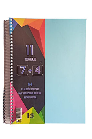 7+4 Ayraçlı Defter 11 Konulu 225 Yaprak 1 Adet 7 Kareli 4 Çizgili Spralli Plastik Kapak Seperatörlü