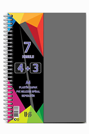 4+3 Ayraçlı Defter 7 Konulu 175 Yaprak 1 Adet 4 Kareli 3 Çizgili Spralli Plastik Kapak Seperatörlü