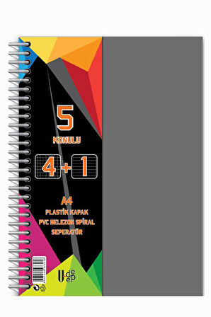 4+1 Ayraçlı Defter 5 Konulu 125 Yaprak 1 Adet 4 Kareli 1 Çizgili Spralli Plastik Kapak Seperatörlü