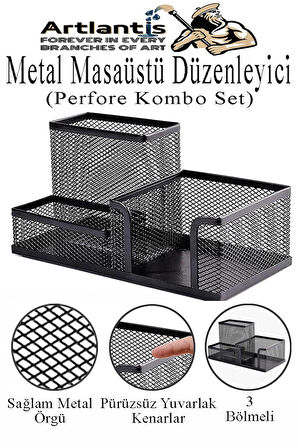 Masaüstü Metal Kalemlik Seti 3 lü Kombo 1 Paket Fileli Perfore Siyah Kalemlik Ataşlık Kağıtlık Küpnotluk Düzenleyici