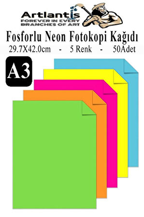 Neon Fosforlu Renkli A3 Fotokopi Kağıdı 50 li 1 Paket 50 Adet Fosforlu 5 Renk Parlak Canlı Renkler Fotokopi Kağıdı