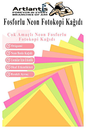 Neon Fosforlu Renkli A3 Fotokopi Kağıdı 50 li 1 Paket 50 Adet Fosforlu 5 Renk Parlak Canlı Renkler Fotokopi Kağıdı