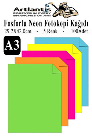 Neon Fosforlu Renkli A3 Fotokopi Kağıdı 100 lü 1 Paket 100 Adet Fosforlu 5 Renk Parlak Canlı Renkler Fotokopi Kağıdı
