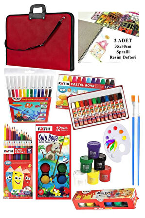 Öğrenci Boyama Seti 11 Parça 1 Paket 35x50 Resim Çantası Resim Defter Fatih Sulu Boya Kuru Boya Pastel Boya Keçeli Kalem
