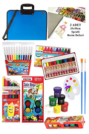 Öğrenci Boyama Seti 11 Parça 1 Paket 35x50 Resim Çantası Resim Defter Fatih Sulu Boya Kuru Boya Pastel Boya Keçeli Kalem