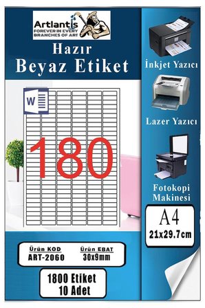 A4 Hazır Etiket 30x9 mm 10 Sayfa 1 Paket 180 li Kendinden Yapışkanlı Fotokopi Lazer İnkjet Kağıdı Yazıcılar İçin Uyumlu
