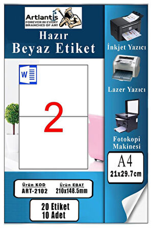 A4 Hazır Etiket 210x148.5 mm 10 Sayfa 1 Paket 2 li Kendinden Yapışkanlı Fotokopi Lazer İnkjet Kağıdı Yazıcılar İçin Uyumlu