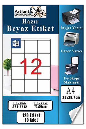 A4 Hazır Etiket 70x70 mm 10 Sayfa 1 Paket 12 li Kendinden Yapışkanlı Fotokopi Lazer İnkjet Kağıdı Yazıcılar İçin Uyumlu