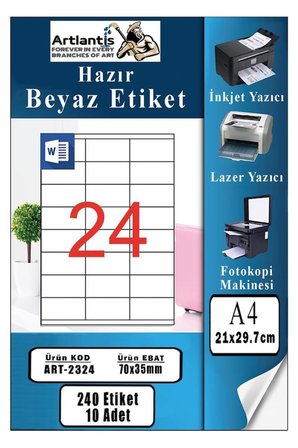 A4 Hazır Etiket 70x35 mm 10 Sayfa 1 Paket 24 lü Kendinden Yapışkanlı Fotokopi Lazer İnkjet Kağıdı Yazıcılar İçin Uyumlu