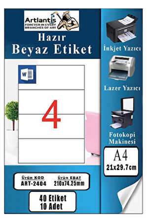 A4 Hazır Etiket 210x74.25 mm 10 Sayfa 1 Paket 4 lü Kendinden Yapışkanlı Fotokopi Lazer İnkjet Kağıdı Yazıcılar İçin Uyumlu