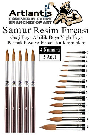 Resim Fırçası 4 Numara 5 li 1 Paket Samur Yuvarlak Uçlu Fırça Seti Guaj Sulu Akrilik Yağlı Boya Fırçaları