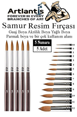 Resim Fırçası 5 Numara 5 li 1 Paket Samur Yuvarlak Uçlu Fırça Seti Guaj Sulu Akrilik Yağlı Boya Fırçaları