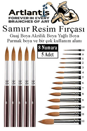 Resim Fırçası 8 Numara 5 li 1 Paket Samur Yuvarlak Uçlu Fırça Seti Guaj Sulu Akrilik Yağlı Boya Fırçaları