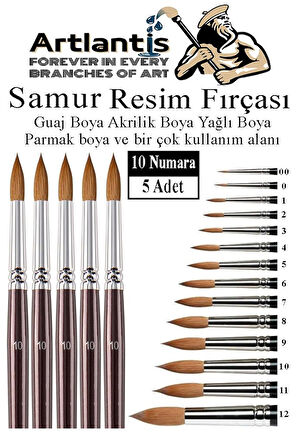 Resim Fırçası 10 Numara 5 li 1 Paket Samur Yuvarlak Uçlu Fırça Seti Guaj Sulu Akrilik Yağlı Boya Fırçaları