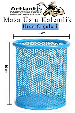 Açık Mavi Silindir Masa Üstü Kalemlik 1 Adet Metal Fileli Renkli Perforeli Yuvarlak Kalemlik Ofis Büro Okul
